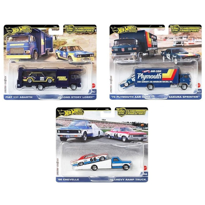 Hot Wheels Premium Team Transport set de 3 camiones con vehículo - Fiat 131 - Chevrolet Chevelle - Plymouth ARR Cuda