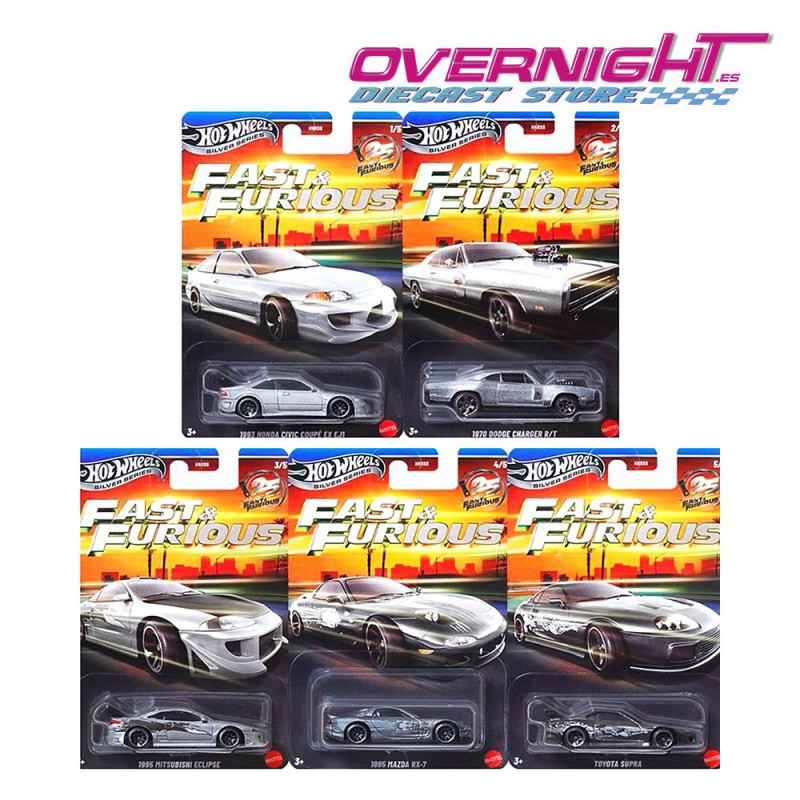 Hot Wheels Silver Series Fast and Furious 2026 pack 5 coches 25th Anniversary Silver Bodies Escala 1/64 HNR88-979Q