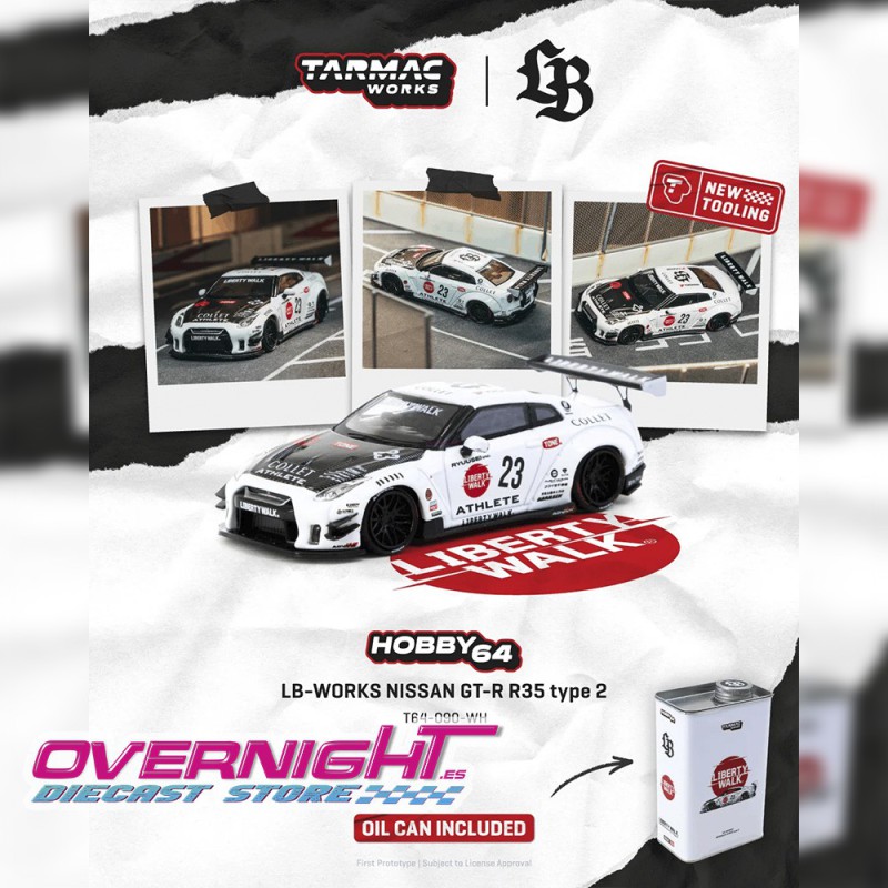 Tarmac Works Nissan GT-R R35 Lb Works Type 2 blanco Athlete x Collet presentado en lata Escala 1/64 T64-090-WH