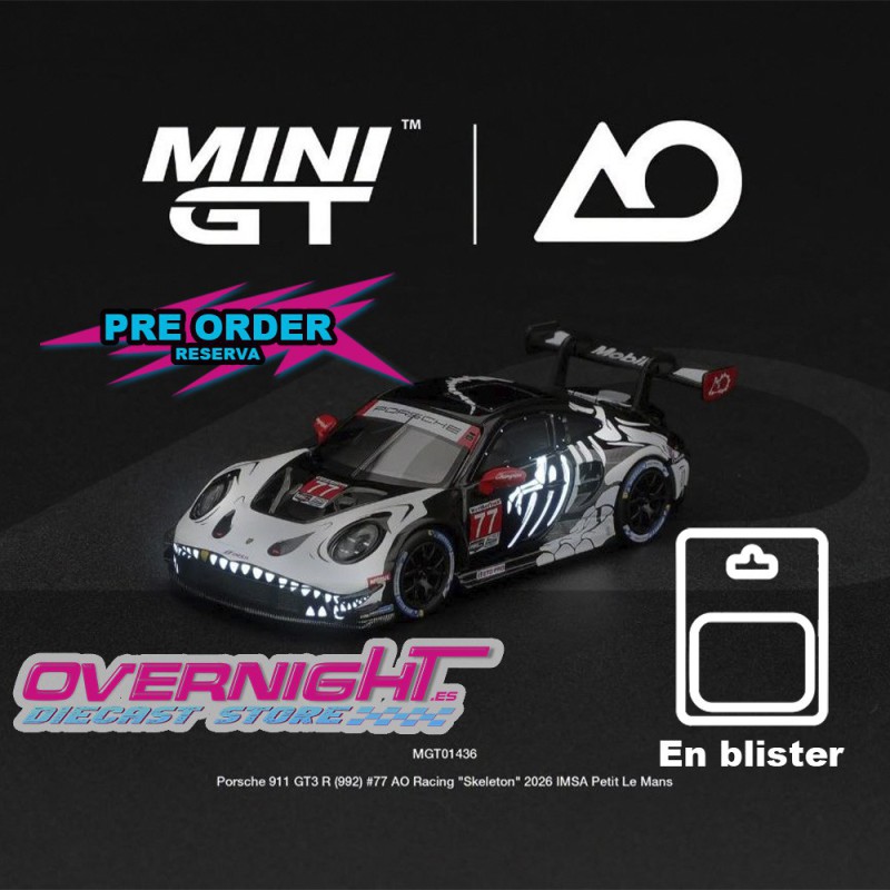 Mini GT 2026 Porsche 911 992 GT3 R n77 AO Racing Skeleton Rexy Petit Le Mans en Blister Escala 1/64 MGT01436BL