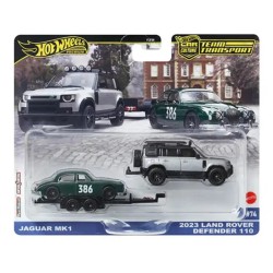 Hot Wheels Premium Team Transport 2023 Land Rover Defender 110 y Jaguar MK1 racer JBM29