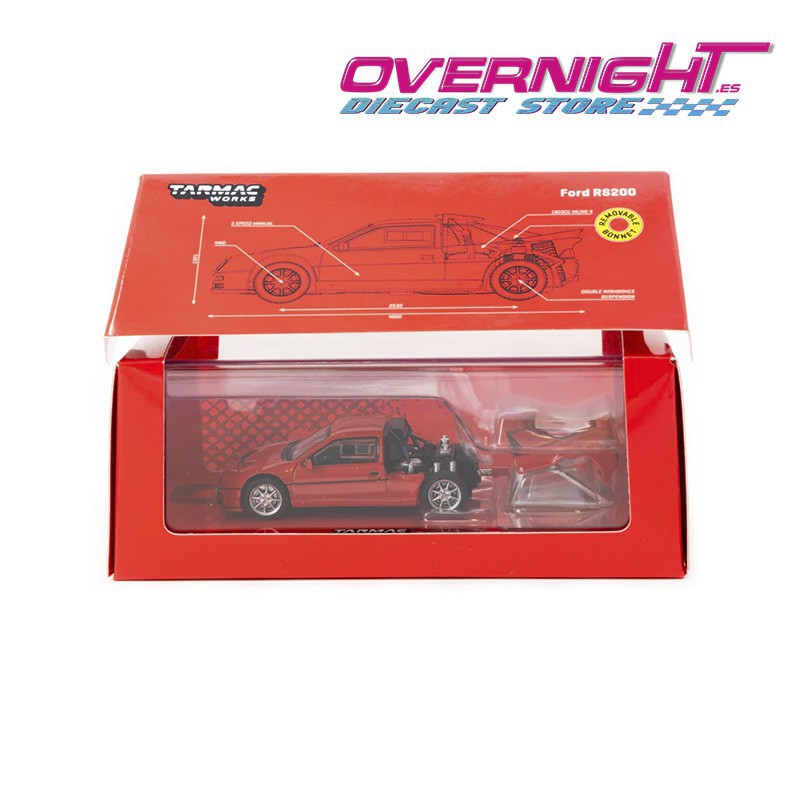 Tarmac Works Ford Rs200 Grupo B rojo – con cubierta motor desmontable – 1/64 T64PR-001-RE
