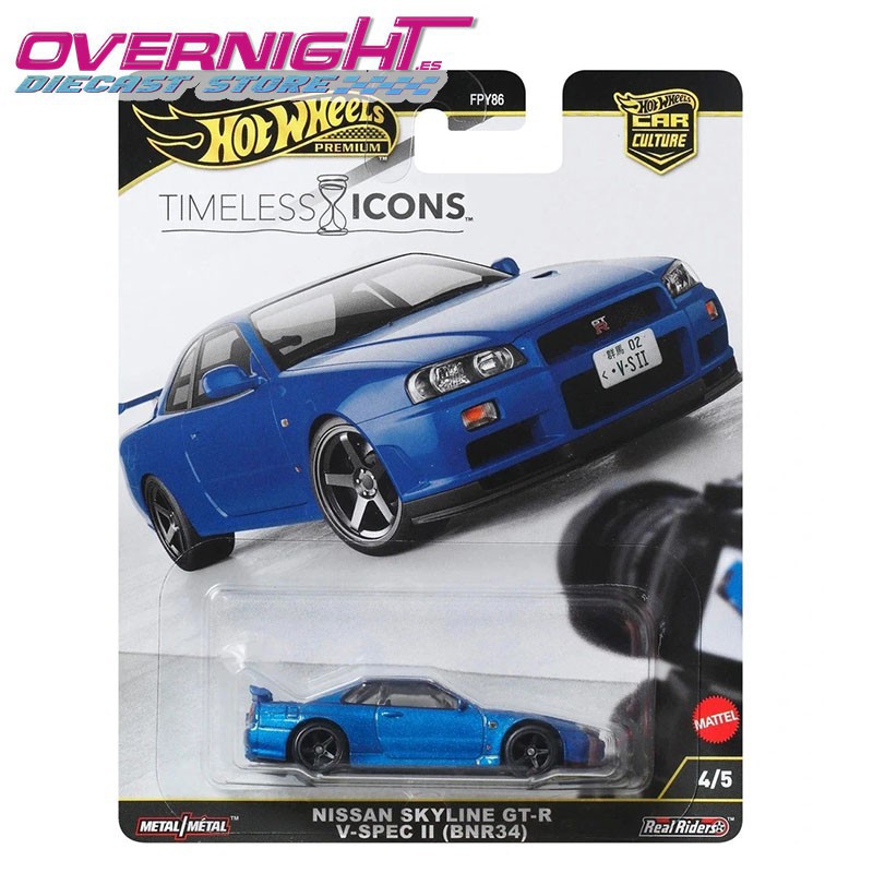 Hot Wheels Premium Nissan Skyline GT-R V-Spec II (BNR34) – Timeless Icons JBK92 - Escala 1/64