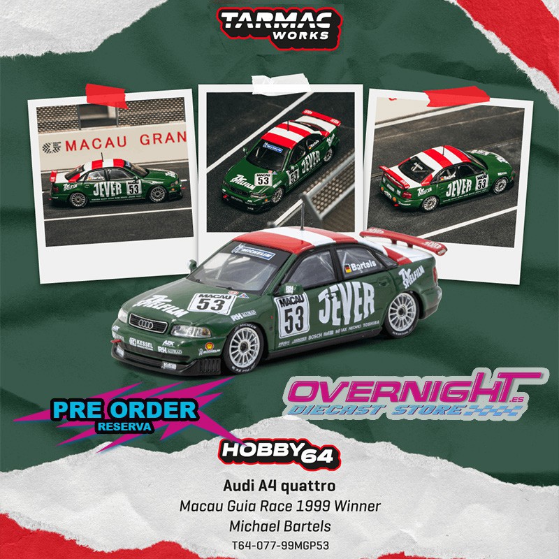 - PREORDER - Tarmac Works Audi A4 B5 Quattro Macau Guia Race 1999 Winner 53 M.Bartels Escala 1/64 T64-077-99MGP53