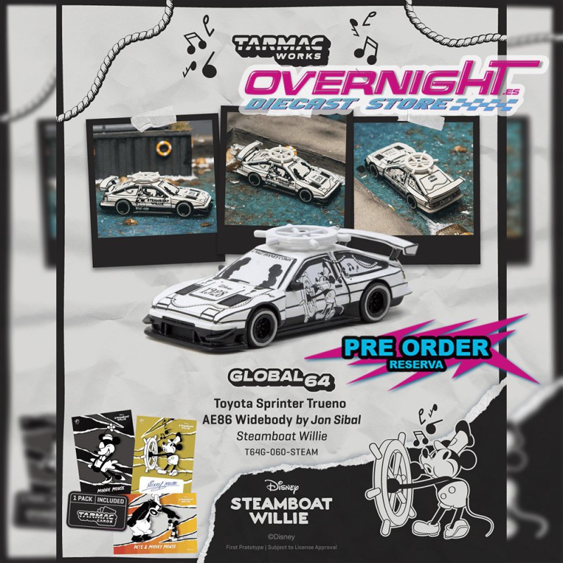 - PREORDER - Tarmac Works Toyota Sprinter Trueno AE86 Widebody Mickey Steamboat Willie + Cards - Escala 1/64 T64G-060-STEAM