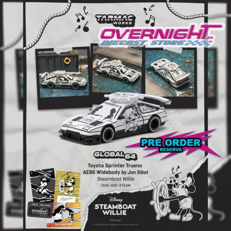 - PREORDER - Tarmac Works Toyota Sprinter Trueno AE86 Widebody Mickey Steamboat Willie + Cards - Escala 1/64 T64G-060-STEAM
