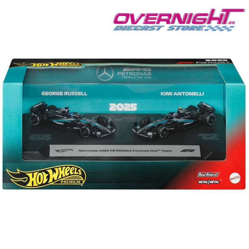 Hot Wheels Premium Formula 1 2025 Mercedes pack de 2 n63 Antonelli y n12 Russell Escala 1/64 JMM93